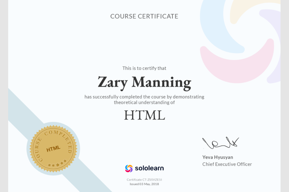 SoloLearn – HTML | This Certification Acknowledges A Fundamental Understanding of HTML